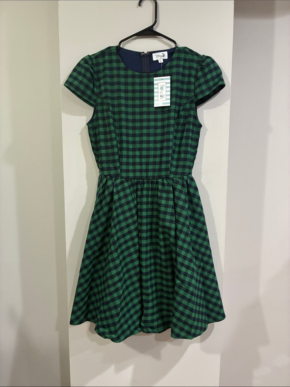 Tulip B NWT Green Gingham Short-Sleeve Fit & Flare Dress - Picture 4 of 11